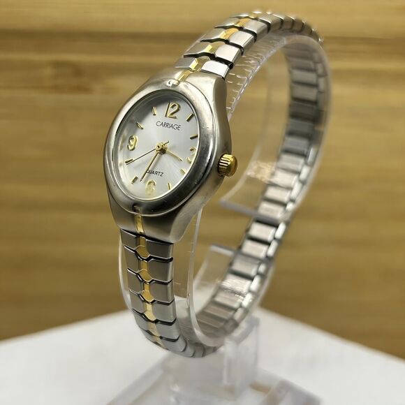 Carriage Ladies Quartz Watch 21mm Oval Silver/Gold Tone Stretch Band - Picture 1 of 4